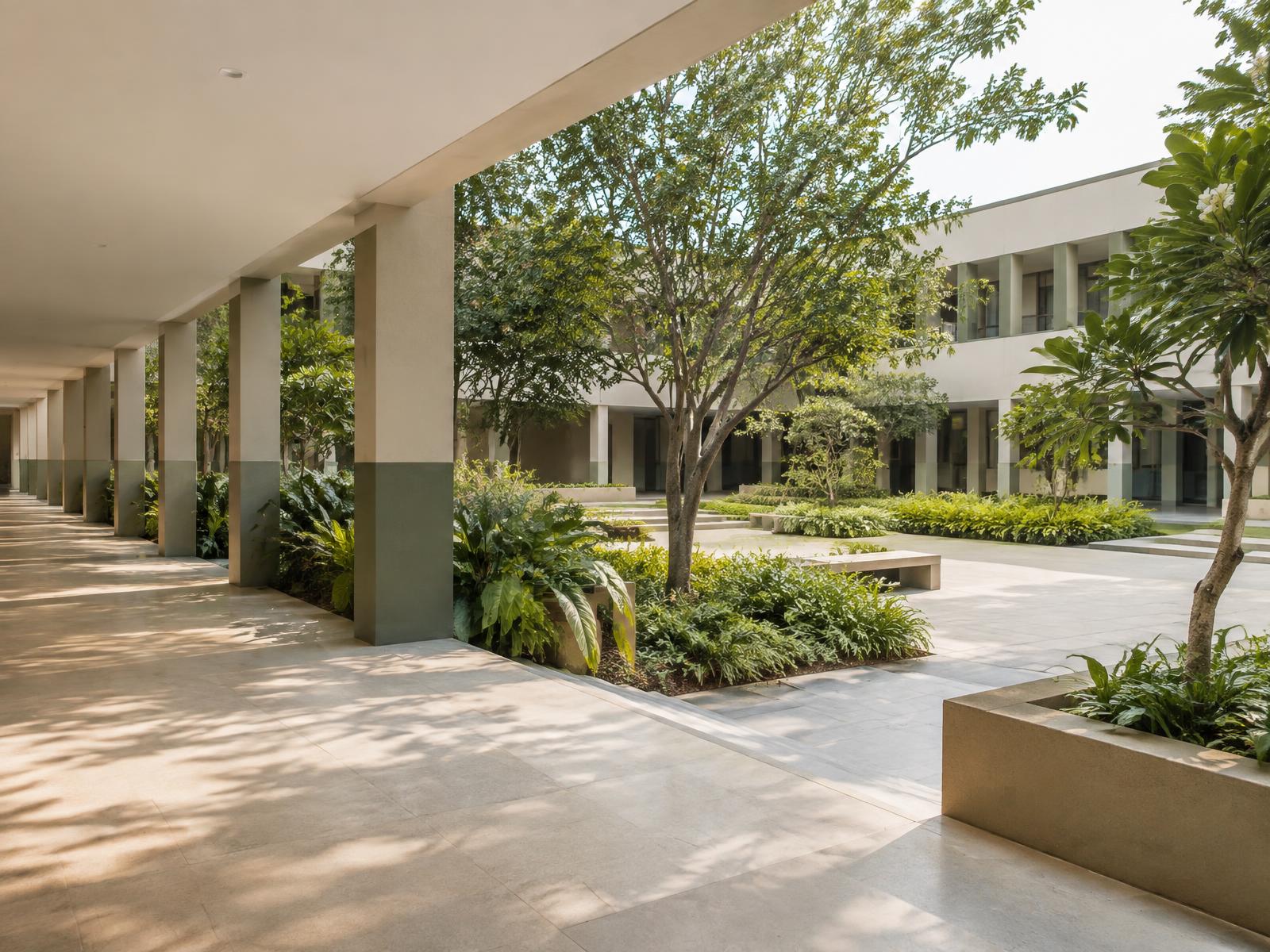 A peaceful, leafy school courtyard